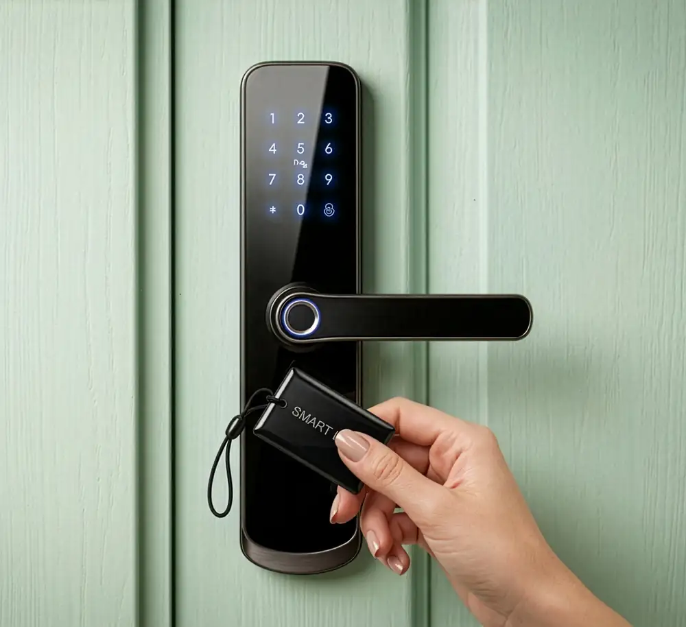 Fechadura eletrônica com senha, biometria e cartão instalada em porta – Gregor Resolve Porto Alegre